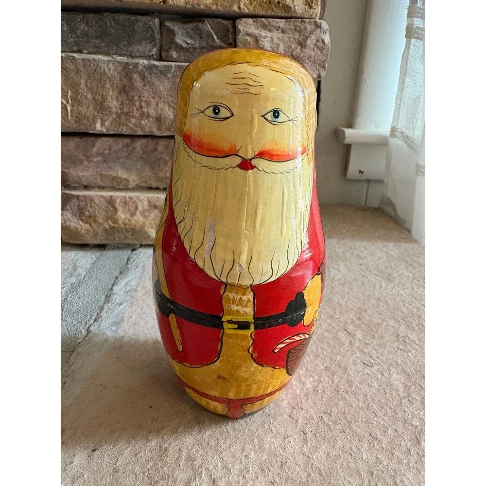 Vintage Russian Wooden Folk Art Hand Painted Nesting Santa with Children